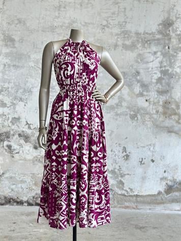 Halter Yaka Karışık Desen Belden Lastikli Elbise (Mor)