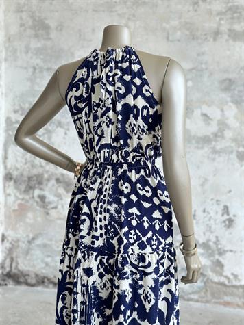 Halter Yaka Karışık Desen Belden Lastikli Elbise (Lacivert)