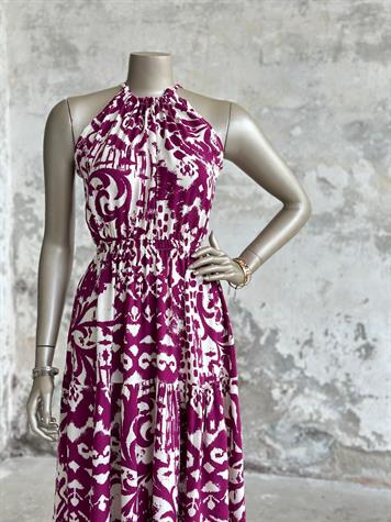 Halter Yaka Karışık Desen Belden Lastikli Elbise (Mor)