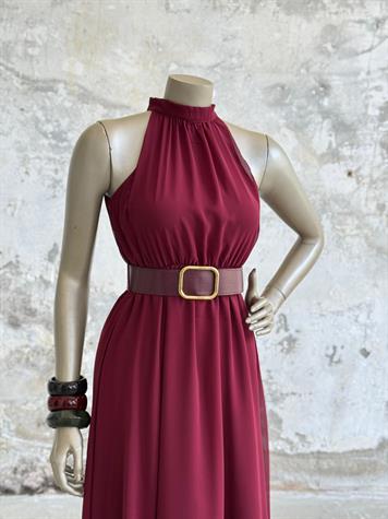 Halter Yaka Kemerli Şifon Elbise (Bordo)