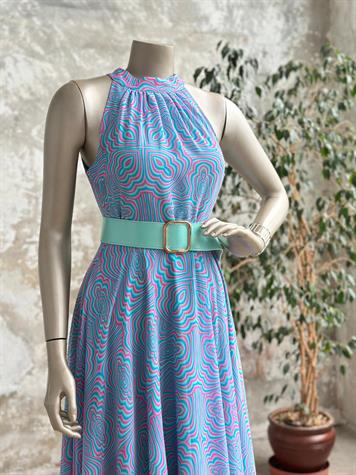 Halter Yaka Kemerli Şifon Elbise (Mavi)