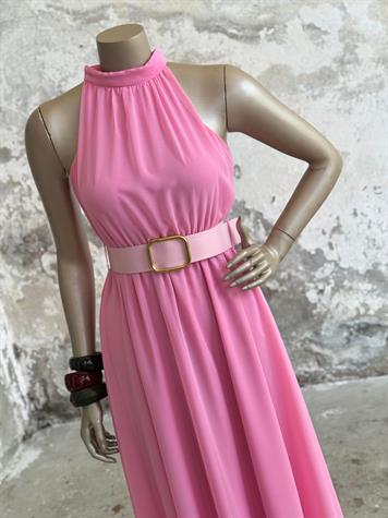 Halter Yaka Kemerli Şifon Elbise (Pembe)