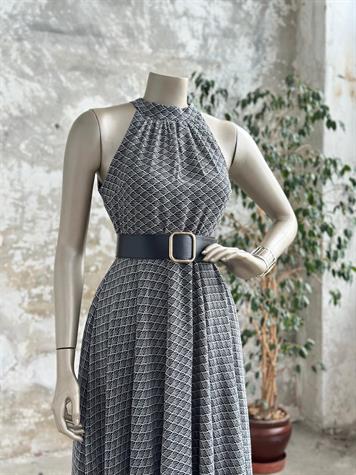 Halter Yaka Kemerli Şifon Elbise (Siyah)