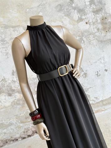 Halter Yaka Kemerli Şifon Elbise (Siyah)