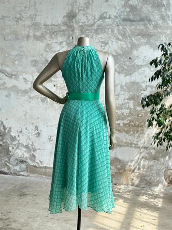 Halter Yaka Kemerli Şifon Elbise (Yeşil)