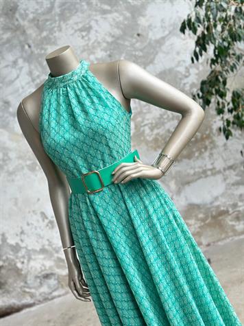 Halter Yaka Kemerli Şifon Elbise (Yeşil)