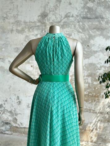 Halter Yaka Kemerli Şifon Elbise (Yeşil)