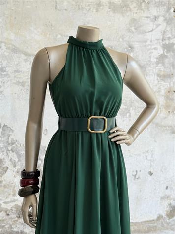 Halter Yaka Kemerli Şifon Elbise (Zümrüt Yeşili)