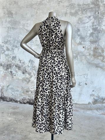 Halter Yaka Leopar Desen Belden Lastikli Elbise (Kahve)