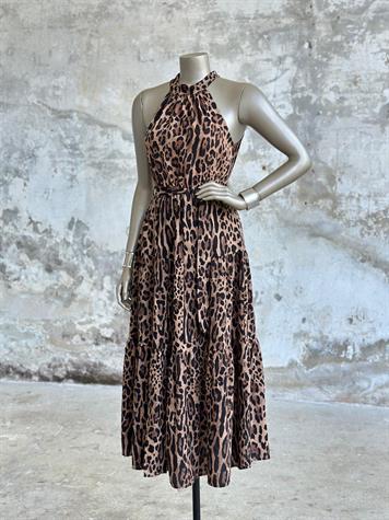 Halter Yaka Leopar Desen Belden Lastikli Elbise (Koyu Kahve)