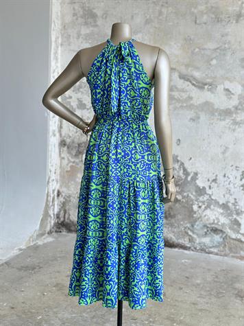 Halter Yaka Neon Renk Desen Belden Lastikli Elbise (Mavi)