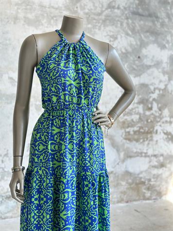 Halter Yaka Neon Renk Desen Belden Lastikli Elbise (Mavi)