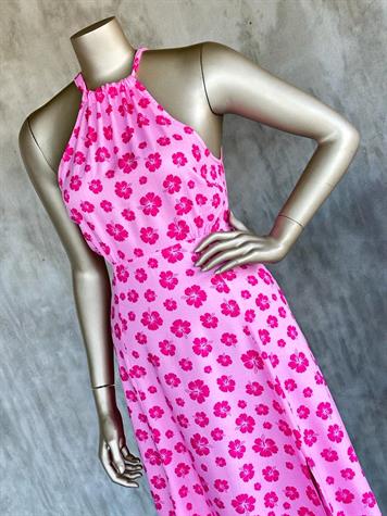 Halter Yaka Önden Çift Yırtmaçlı Elbise (Pembe)