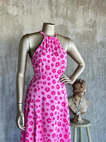 Halter Yaka Önden Çift Yırtmaçlı Elbise (Pembe)