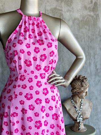 Halter Yaka Önden Çift Yırtmaçlı Elbise (Pembe)