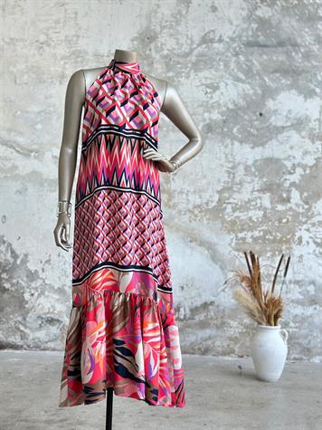Halter Yaka Palmiye Desenli Elbise (Pembe)