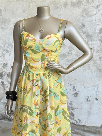 Keten İp Askılı Kloş Elbise (Sarı)