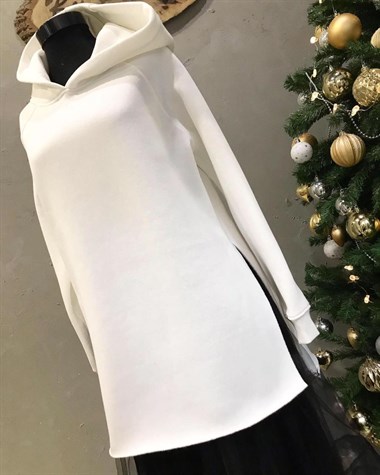 İçi Şardonlu Kapşonlu Yanları Yırtmaçlı Sweatshirt (BEYAZ)