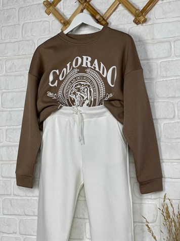 İkiiplik Kumaş İçi Şardonlu Sweatshirt (KAHVE)
