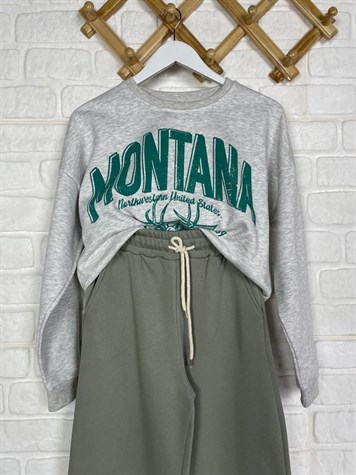 İkiiplik Kumaş İçi Şardonlu Yazı Baskılı Sweatshirt  (GRİ)
