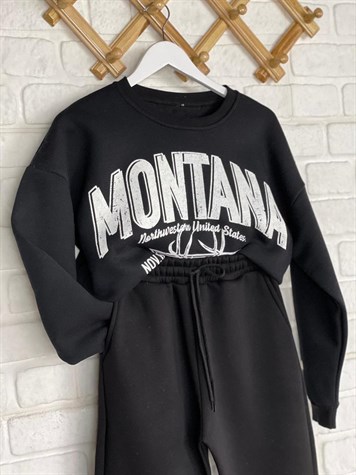 İkiiplik Kumaş İçi Şardonlu Yazı Baskılı Sweatshirt (SİYAH)