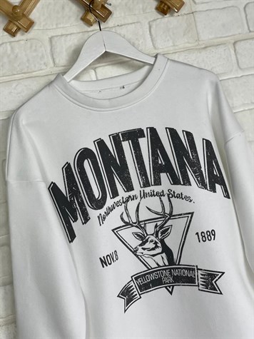 İkiiplik Kumaş İçi Şardonlu Yazı Baskılı Sweatshirt (BEYAZ)