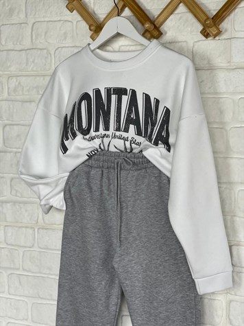 İkiiplik Kumaş İçi Şardonlu Yazı Baskılı Sweatshirt (BEYAZ)