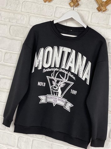 İkiiplik Kumaş İçi Şardonlu Yazı Baskılı Sweatshirt (SİYAH)