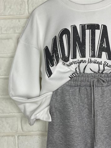 İkiiplik Kumaş İçi Şardonlu Yazı Baskılı Sweatshirt (BEYAZ)
