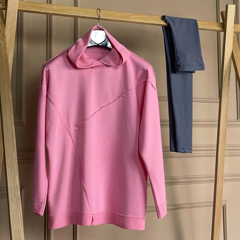 İkiiplik Kumaş Kapşonlu Sweatshirt (pembe)