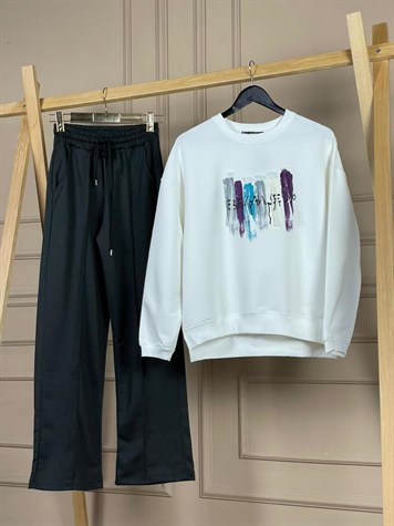 İkiiplik Sweat Kumaş Önden Dikiş Detaylı Pantolon  (SİYAH)