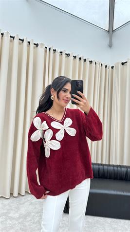 İnci Taş İşçilikli Akordiyon Çiçekli Angora Kazak (Bordo)