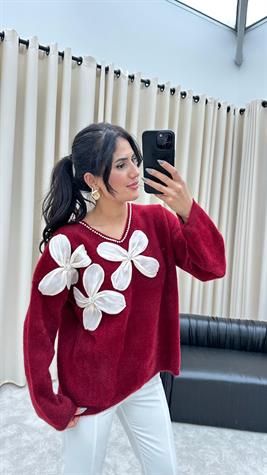 İnci Taş İşçilikli Akordiyon Çiçekli Angora Kazak (Bordo)