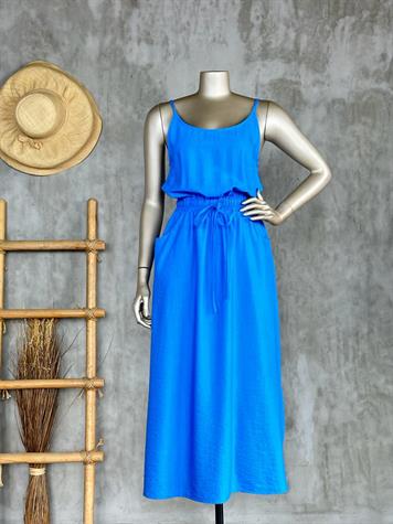 İp Askılı Beli Lastikli Gofre Kumaş Elbise (Mavi)