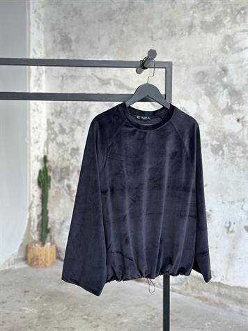 İthal Kadife Kumaş Büzgü Detaylı Sweat (Siyah)