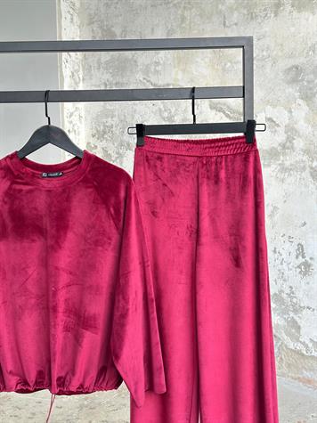 İthal Kadife Kumaş Büzgü Detaylı Takım (Bordo)
