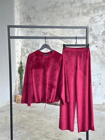 İthal Kadife Kumaş Büzgü Detaylı Takım (Bordo)