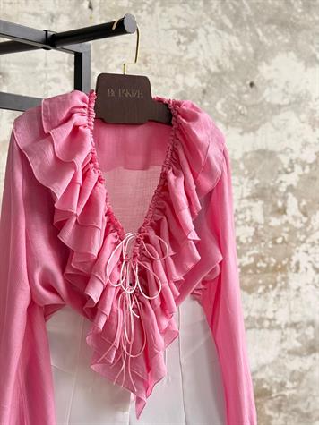İthal Kumaş Fırfırlı Bağcık Detaylı Gömlek (Pembe)