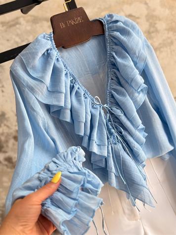 İthal Kumaş Fırfırlı Bağcık Detaylı Gömlek (Bebe Mavisi)