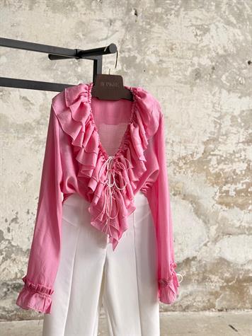 İthal Kumaş Fırfırlı Bağcık Detaylı Gömlek (Pembe)