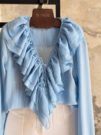 İthal Kumaş Fırfırlı Bağcık Detaylı Gömlek (Bebe Mavisi)