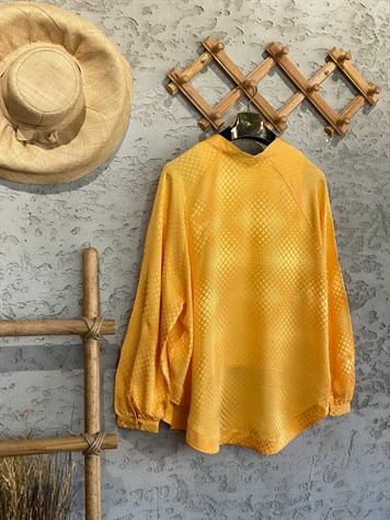 Jakarlı Parlak Saten Kimono (Hardal Sarı)