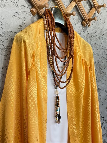Jakarlı Parlak Saten Kimono (Hardal Sarı)