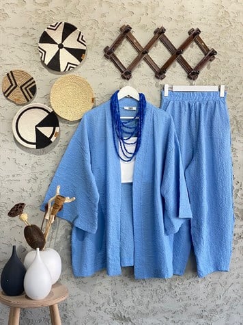 Kabartma Dokulu Kimono Takım (Bebe Mavi)