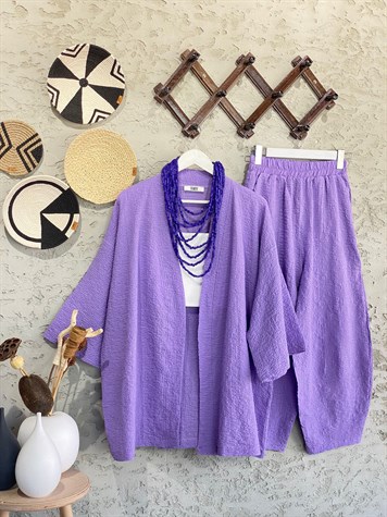 Kabartma Dokulu Kimono Takım (Lila)