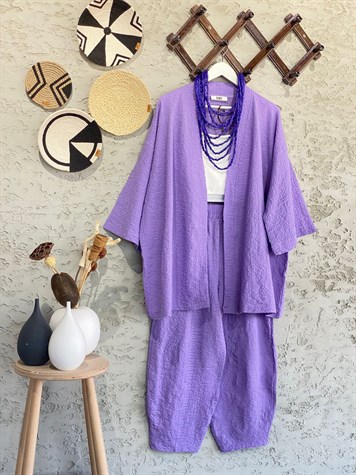 Kabartma Dokulu Kimono Takım (Lila)