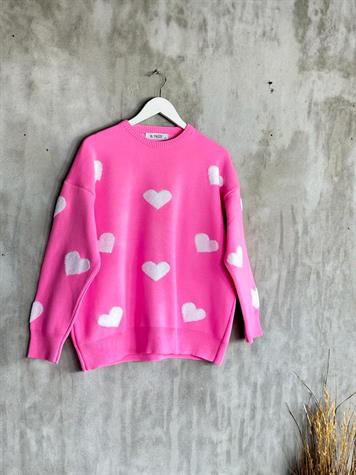 Kabartma Kalp Desenli Çelik Örme Kadın Kazak (Pembe) 
