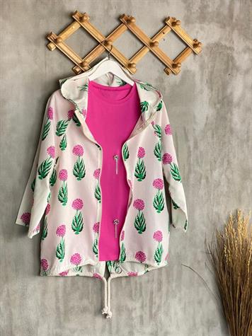 Kadife Çiçek Baskılı Ham Keten Kadın Ceket (Fuşya) 