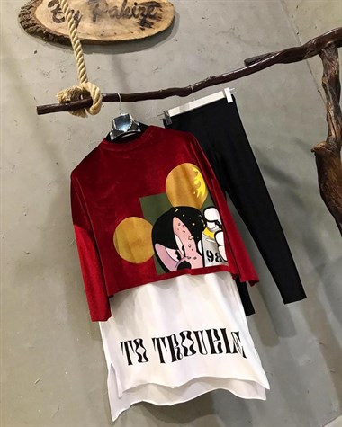 Kadife İkili Tunik Sweatshirt (KIRMIZI)