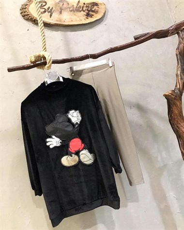 Kadife Kumaş Mickey Sweat (SİYAH)